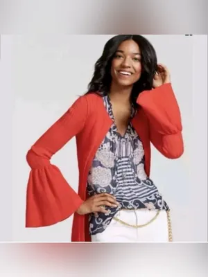 Cabi Tomato Red Bell-Sleeve Open Cardigan Sweater Medium thumbnail 3