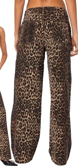 Edikted Leopard Printed Low Rise Baggy Jeans Women's XS Festival Fun Bold Trendy thumbnail 1