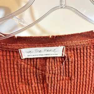 Free People We the Free Shirt Buttercup Thermal Waffle Knit Rust Orange Small thumbnail 3