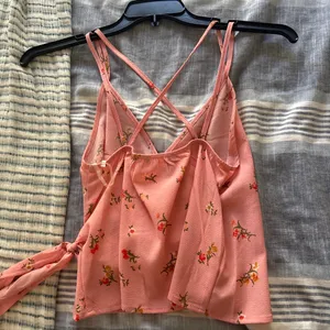 Pink wrap tank top with florals and cross back thumbnail 2