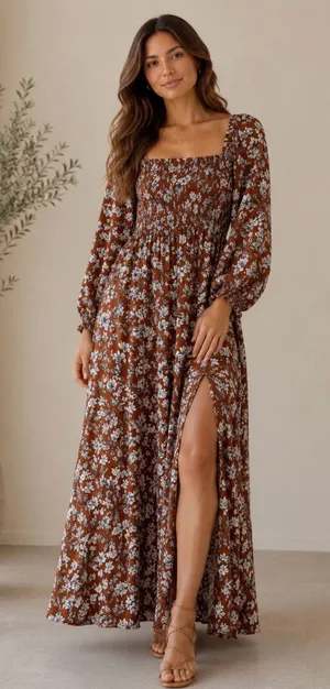 La Ligne X Target Women’s Brown Floral Smocked top Maxi Dress with Side Slit thumbnail 1