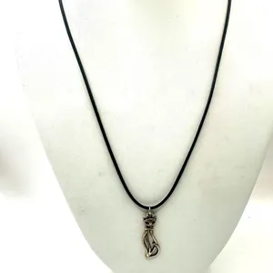 Silver tone cat pendant necklace on black cord thumbnail 10