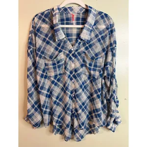 Free People Blue Cream Plaid Sheer Chiffon High Low Blouse Shirt Size Small thumbnail 3