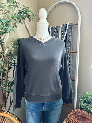 Madewell Gray Boxy Waffle Knit V-Neck Boxy Sweatshirt Tee Small thumbnail 2