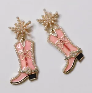 NEW Pink Cowgirl Boots Pearl Embellished Rhinestone‎ Western Bling Glam Earrings thumbnail 1