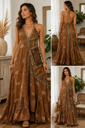 Indian Silk Halter Maxi Dress Brown thumbnail 3