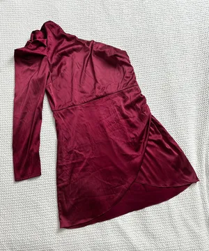 TCEC burgundy one sleeve satin mini dress thumbnail 1