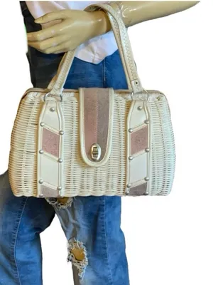 Vintage 1960'S Styled By Bounty White Wicker With Mauve & Gray Faux Suede Bag thumbnail 1