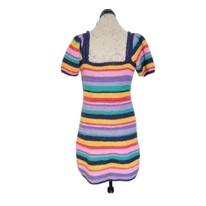 Farm Rio Sweater Dress XS Striped Short Sleeve Winter Summer Fall Boho Retro thumbnail 4