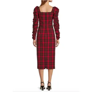 Antonio Melani Elena Plaid Square Neck Midi Dress Long Ruched Sleeve US 10 NWT thumbnail 2