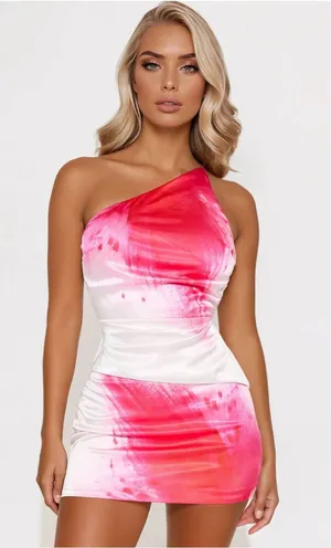 FashioNova One-Shoulder Pink Ombre Bodycon Dress Set thumbnail 1