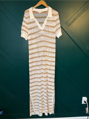 Chic White & Tan Striped Crochet Knit Maxi Cover-Up Dress Collared Beach Resort thumbnail 2