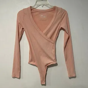Aerie Ribbed Wrap Bodysuit XS Pink Long Sleeve Ballet Core NWT thumbnail 3