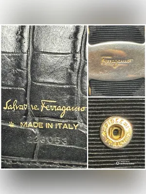 Ferragamo Vintage Vara Bow Wallet Croc Embossed Black Leather Compact Bifold thumbnail 4