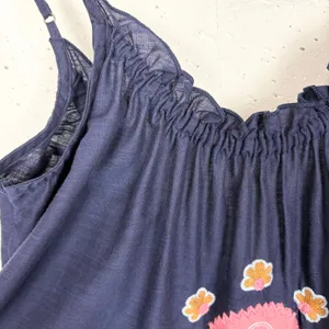 Anthropologie Malika Embroidered Dress Low Scoop Back Ruffle Hem Navy Blue XS thumbnail 15