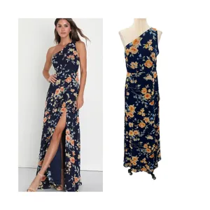 Lulus Elegant Admiration Floral One Shoulder Maxi Dress Navy Blue Size M NWT thumbnail 2