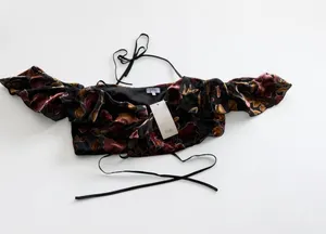 Tobi Floral Velvet Burnout Crop Top Halter Neck Ruffle Off Shoulder Black Medium thumbnail 1