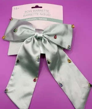 Silver Satin Bow Barrette Hair Clip with Rhinestone Accents, Embellished thumbnail 1