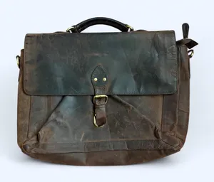 Vintage Briefcase Bag Brown Distressed Real Leather USA Preppy Academia Professor Laptop Book Brass Buckle Antique Streetwear Measurement in pics thumbnail 1