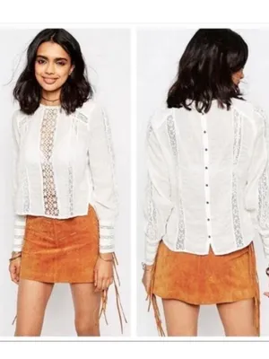 Free People Without You Lace Crochet Panel Ivory Peasant Blouse XS $148 thumbnail 3