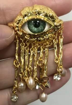 Schiaparelli Inspired Surrealist Evil Eye Brooch Pearl Tassel - NEW thumbnail 1
