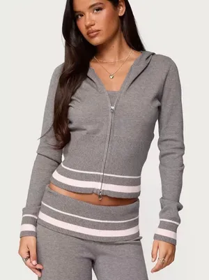 Edikted Kaliya Stripey Knit Zip Up Hoodie thumbnail 1