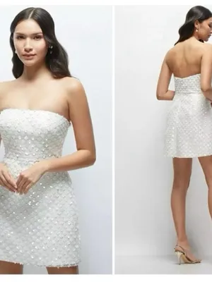 NEW Dessy Collection Women’s Imitation Pearl Sequin Mesh Strapless Minidress thumbnail 3