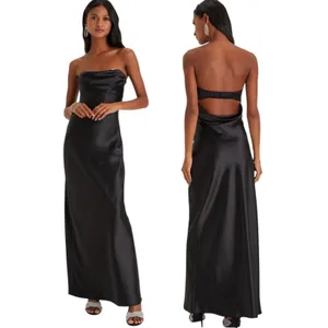 Lulus Exquisite Shine Black Satin Rhinestone Strapless Maxi Dress size Large NWT thumbnail 2