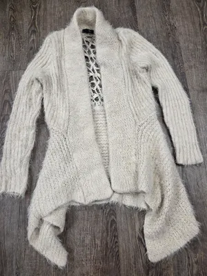 RYU Super Soft Cashmere-Like Crochet Back Cardigan Sweater Cream Beige M/L thumbnail 1
