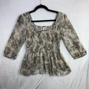 Free People XS Smocked Floral Sheer Peasant Ever After Top Boho Romantic Cottage thumbnail 3