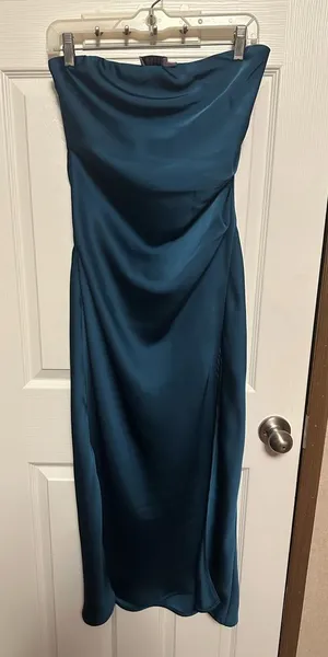 Hello Molly Teal Strapless Satin Midi Dress thumbnail 1