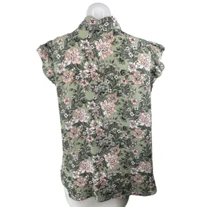 Ann Taylor LOFT Green Floral Ruffle Sleeve Tie Neck Bow Shirt Blouse Top Size M thumbnail 2