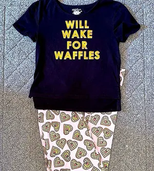 Joe Boxer Will Wake For Waffles Pink and Gold Glitter Pajama Set thumbnail 1