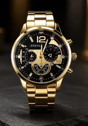 Geneva Men’s Gold Luxury Wrist Watch Round Dial 3 Time Zone Quartz NWT thumbnail 1