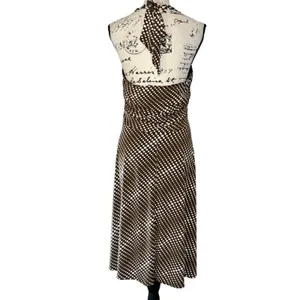 Sushi Flower Brown Polka Dot Halter Midi Dress Retro Pinup V-Neck Large USA thumbnail 3
