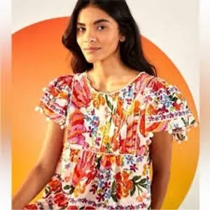 Farm Rio Floral Pom Pom Trim Swiss Dot Babydoll Blouse‎ Multi Color Womens Large thumbnail 7