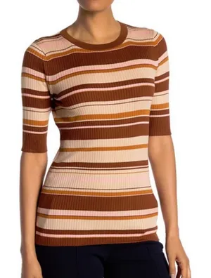 Lafayette 148 New York Striped Ribbed Silk Cotton Knit Top Brown Pink Large thumbnail 1