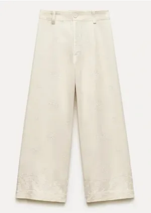 Zara embroidered wide leg trouser pants thumbnail 1