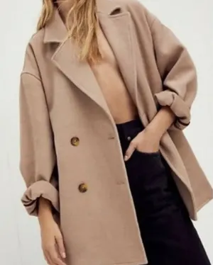 Free People tan double breasted oversized coat size large thumbnail 1