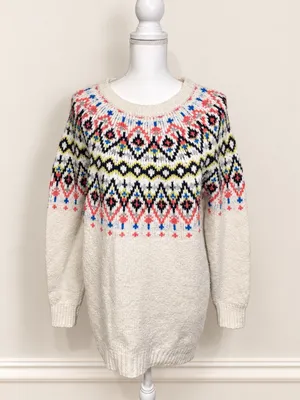 Aerie Fair Isle Oversized Tunic Sweater Women’s XS Ivory Nordic Knit Cowichan thumbnail 2