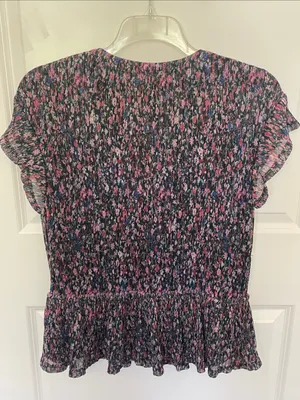 Anthropologie Dionne Metallic Ditsy Floral Blouse Large Peplum Faux Wrap thumbnail 5