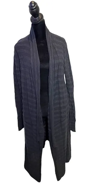 Free People Distressed Long Cardigan Womens S Black Striped Duster Open Front thumbnail 1