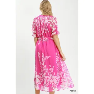 Umgee Floral Print Tie Waist Midi Dress with Side Pockets - Peony - Small thumbnail 3