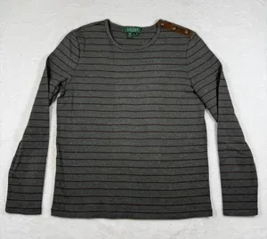 Lauren‎ Ralph Lauren Petite Gray Striped Button Shoulder Long Sleeve Top PL thumbnail 1