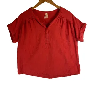 Pact Organic Cotton Gauze Henley Top Red Short Sleeve Relaxed Fit Small thumbnail 1