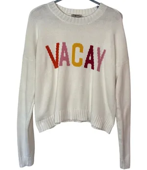 Show me your Mumu Sweater White Cropped Knit Vacay Varsity Crop Graphic Colorful thumbnail 1