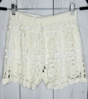 Umgee USA Women’s Crochet Lace Shorts Ivory Size M Boho Festival Drawstring thumbnail 1