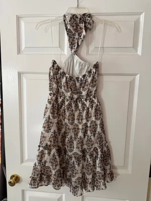 Express White One-Shoulder Floral Dress with Navy and Gold Print thumbnail 3