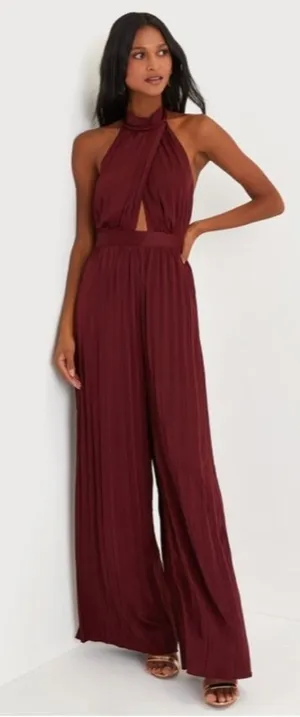 COPY - LULU's Sexy Elegant Chic Minimalistic Wedding Pleated Satin Wide Leg Jum… thumbnail 1