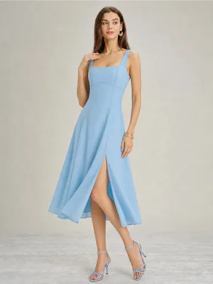 RIHOAS Powder Blue Square-Neck Midi Dress with Side Slit thumbnail 3